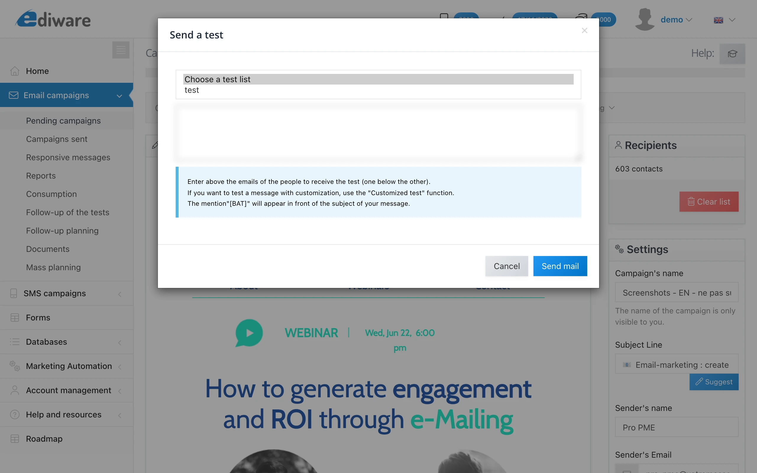 BAT sending modal with the 'Choose a BAT list' dropdown visible