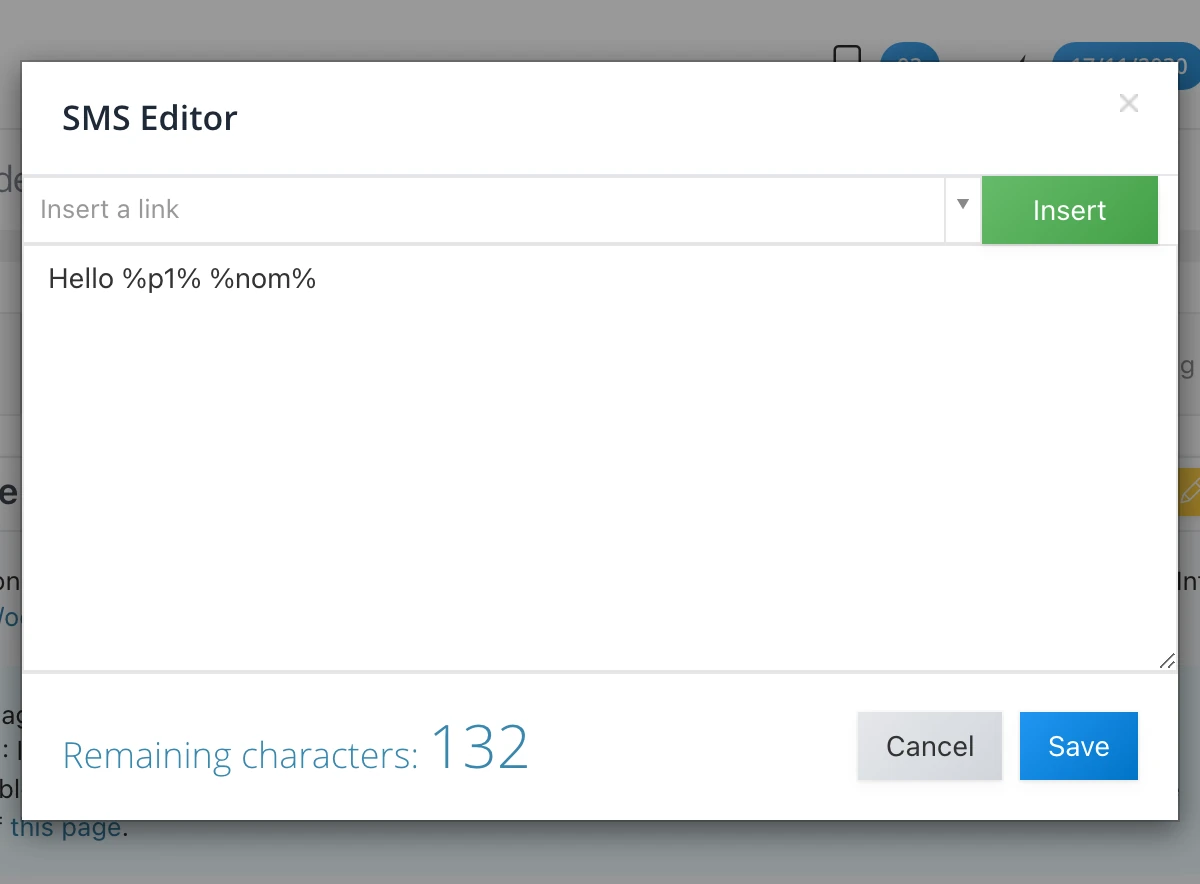 Variables %p1% and %nom% inserted in the message via the SMS editor