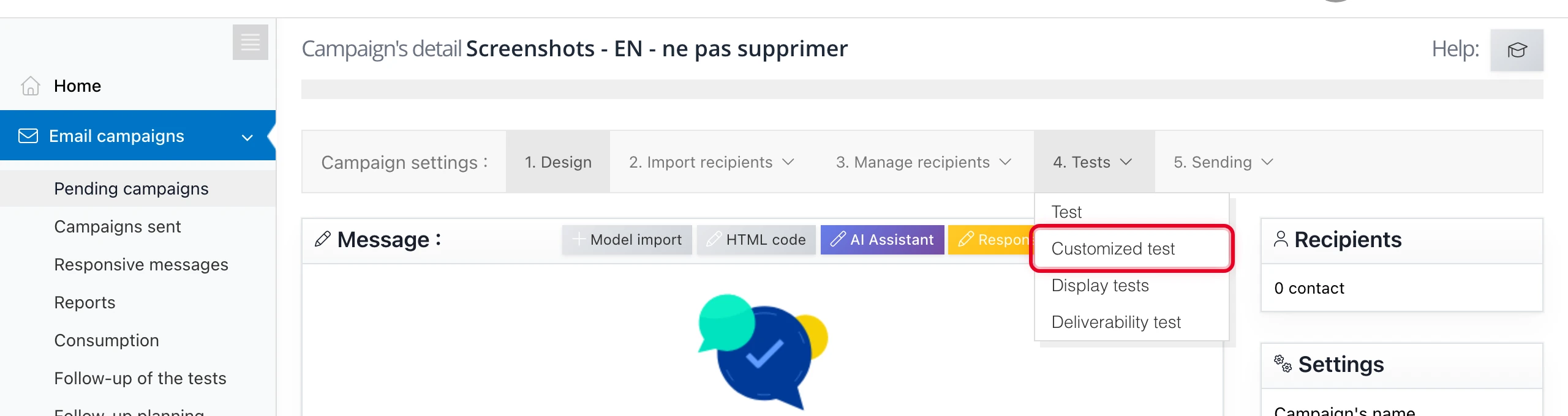 « Tests » menu > « BAT personnalisé » to test personalization