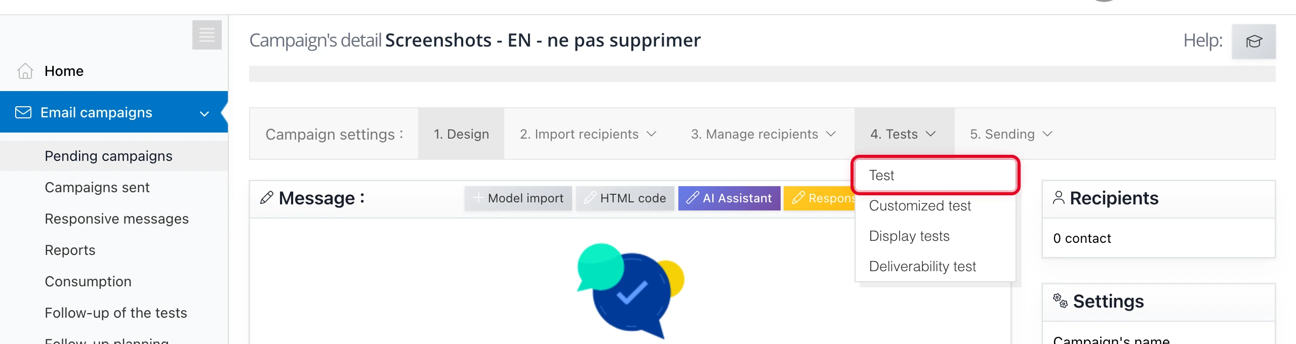 « Tests » menu > « BAT » to send a test without personalization