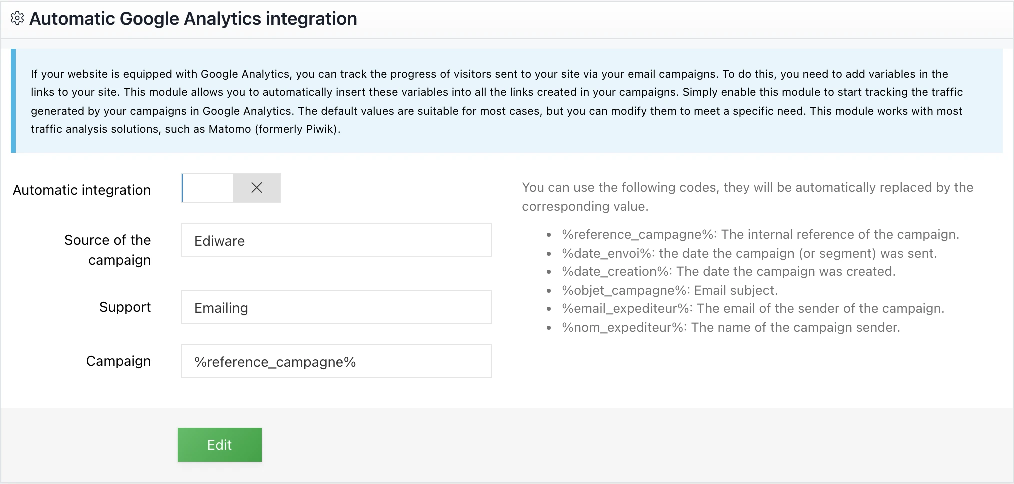 « Google analytics » tab in the MDworks account settings