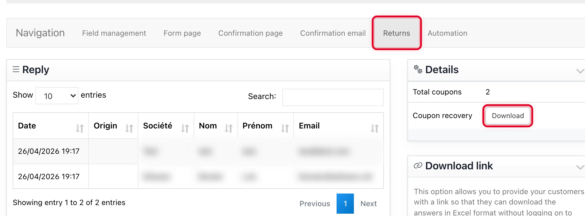 « Returns » tab : list of coupons and « Download » button