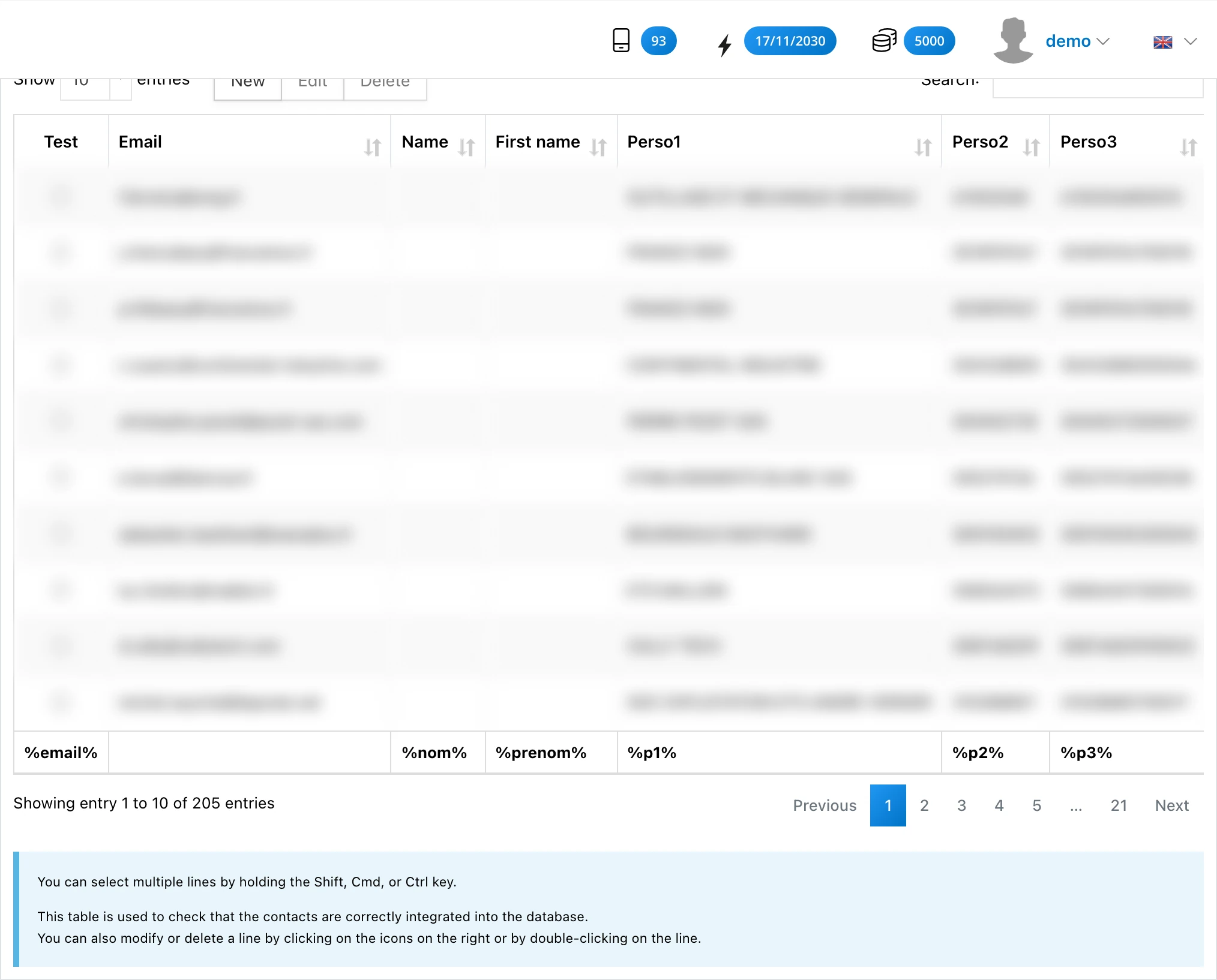 Header of the recipients file columns (Email, Last name, First name, Perso1...)