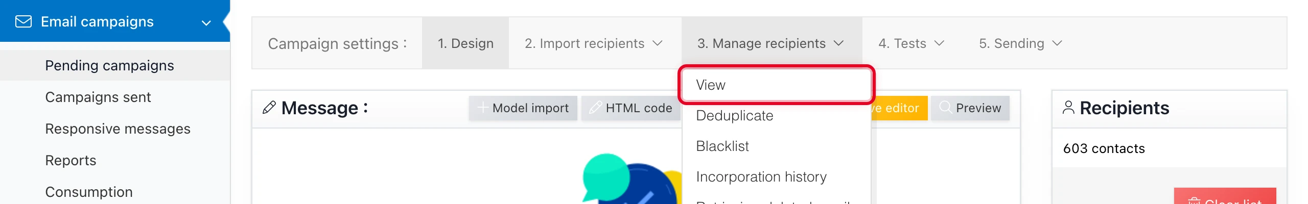 From the campaign page: open the « 3. Manage recipients » menu and click « View »