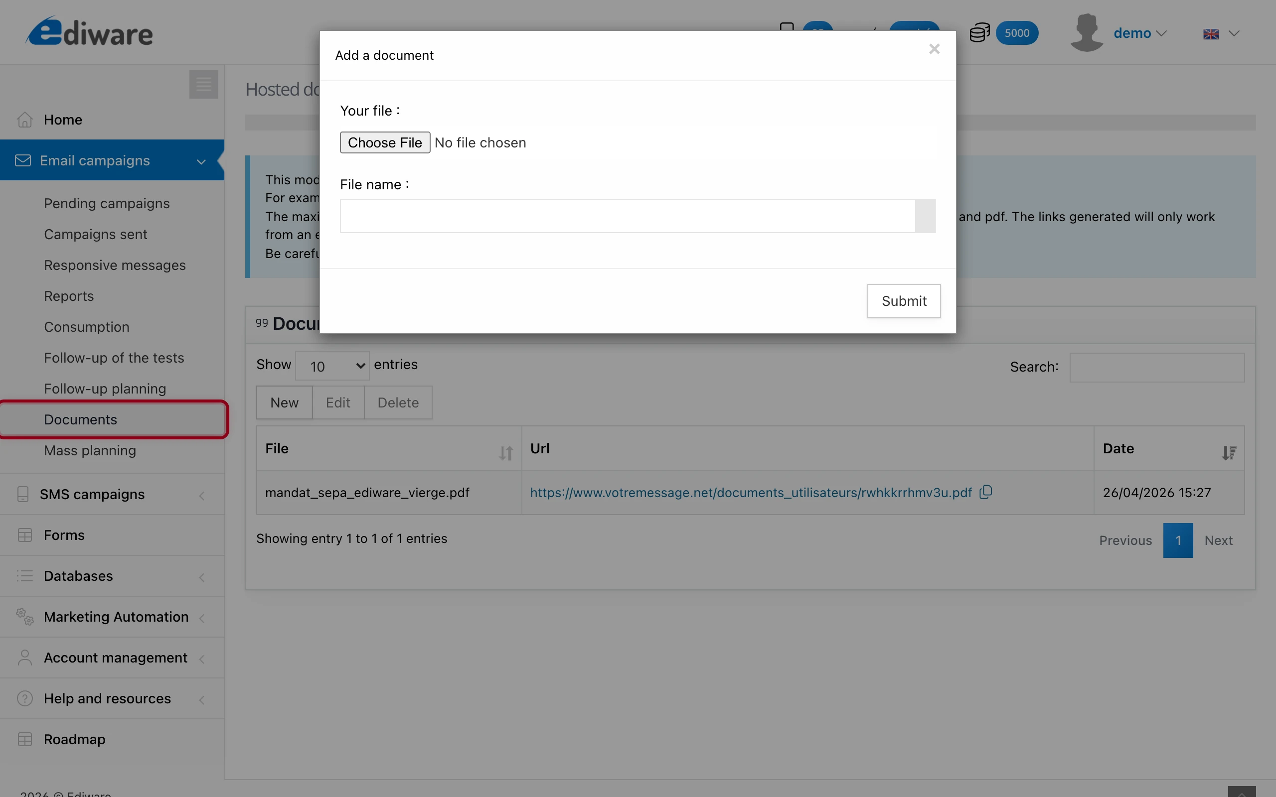 The « Documents » entry in the menu and the modal to add a new document