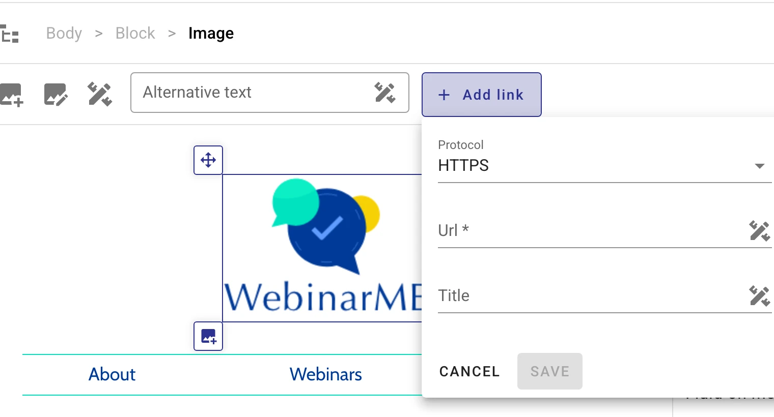 Paste the form URL in the « Url » field after selecting the image and clicking « Add link »