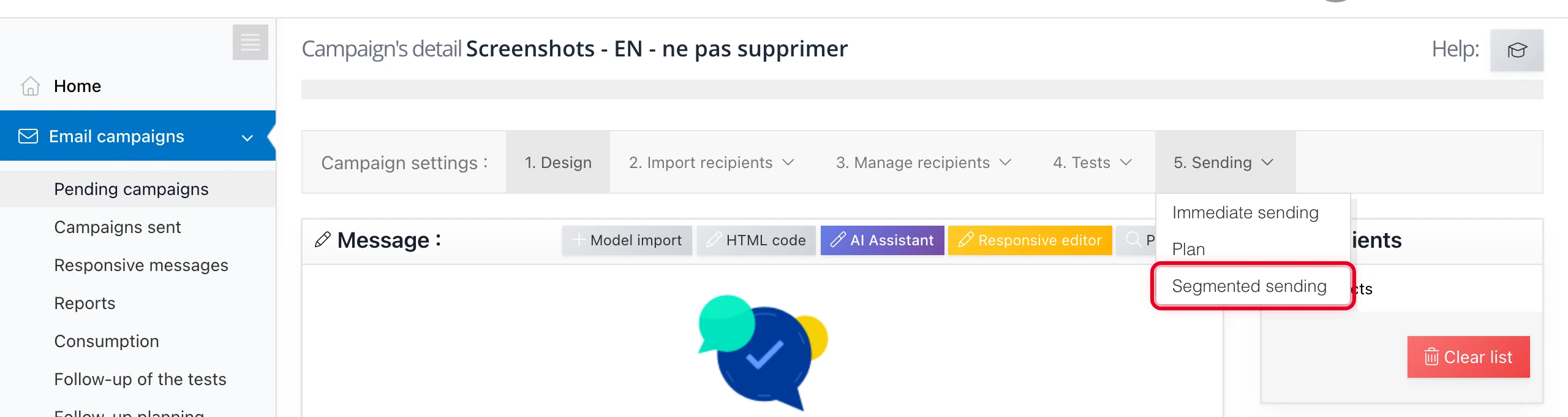 « Sending » menu > « Segmented sending » to schedule the sending in waves