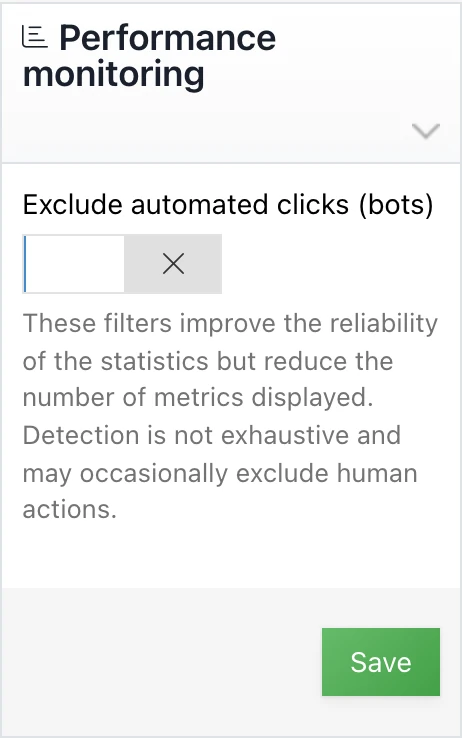 The « Exclude automated clicks (bots) » option in the Performance monitoring panel