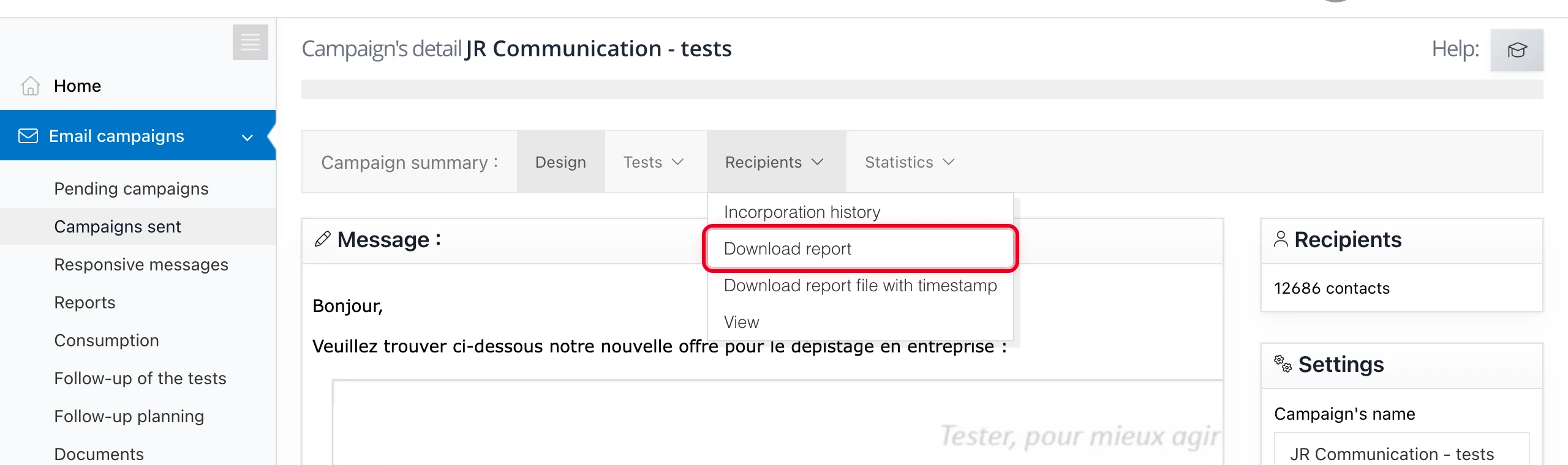 « Recipients » menu > « Download report »