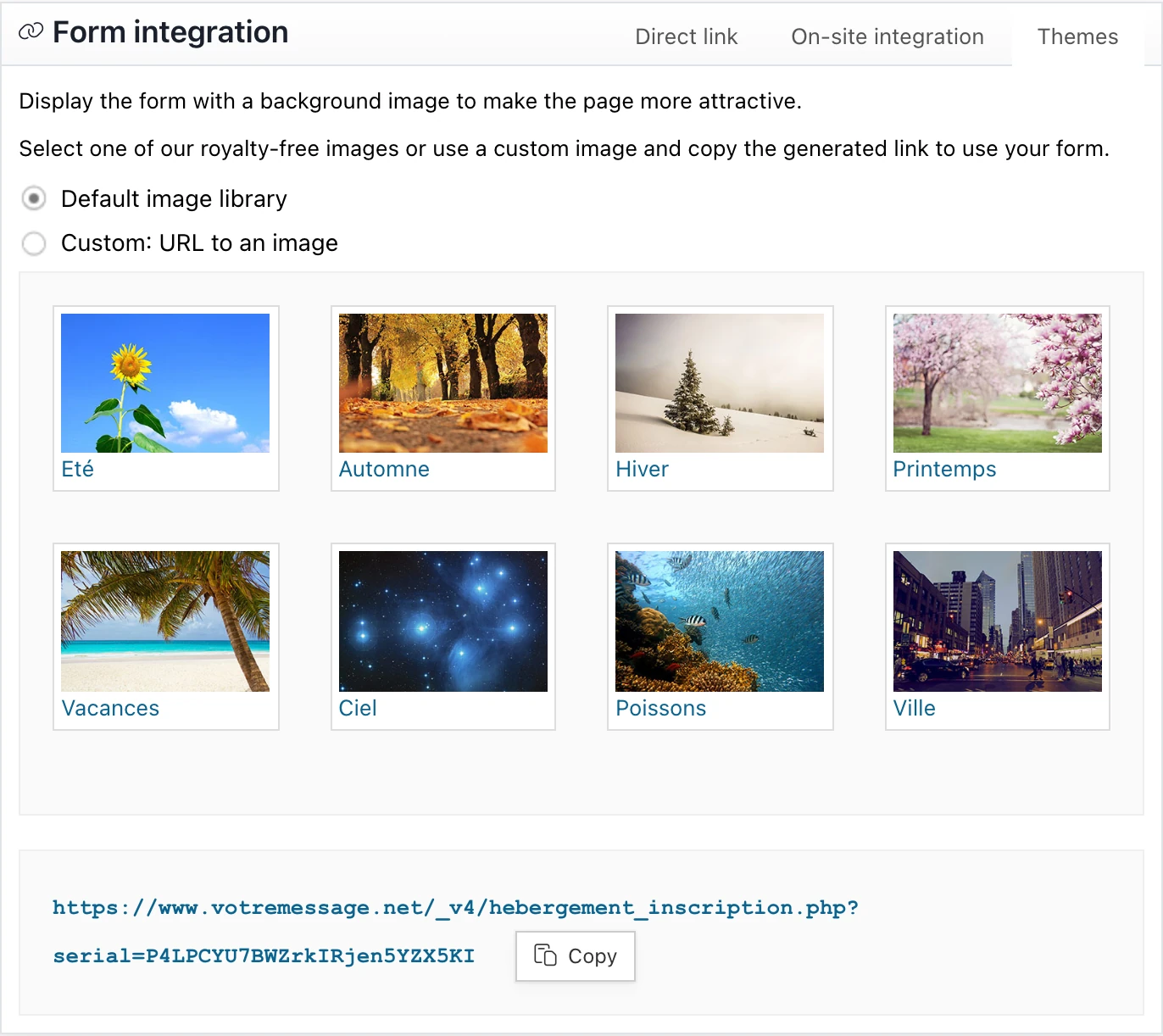 The « Themes » tab to set a background image for the form