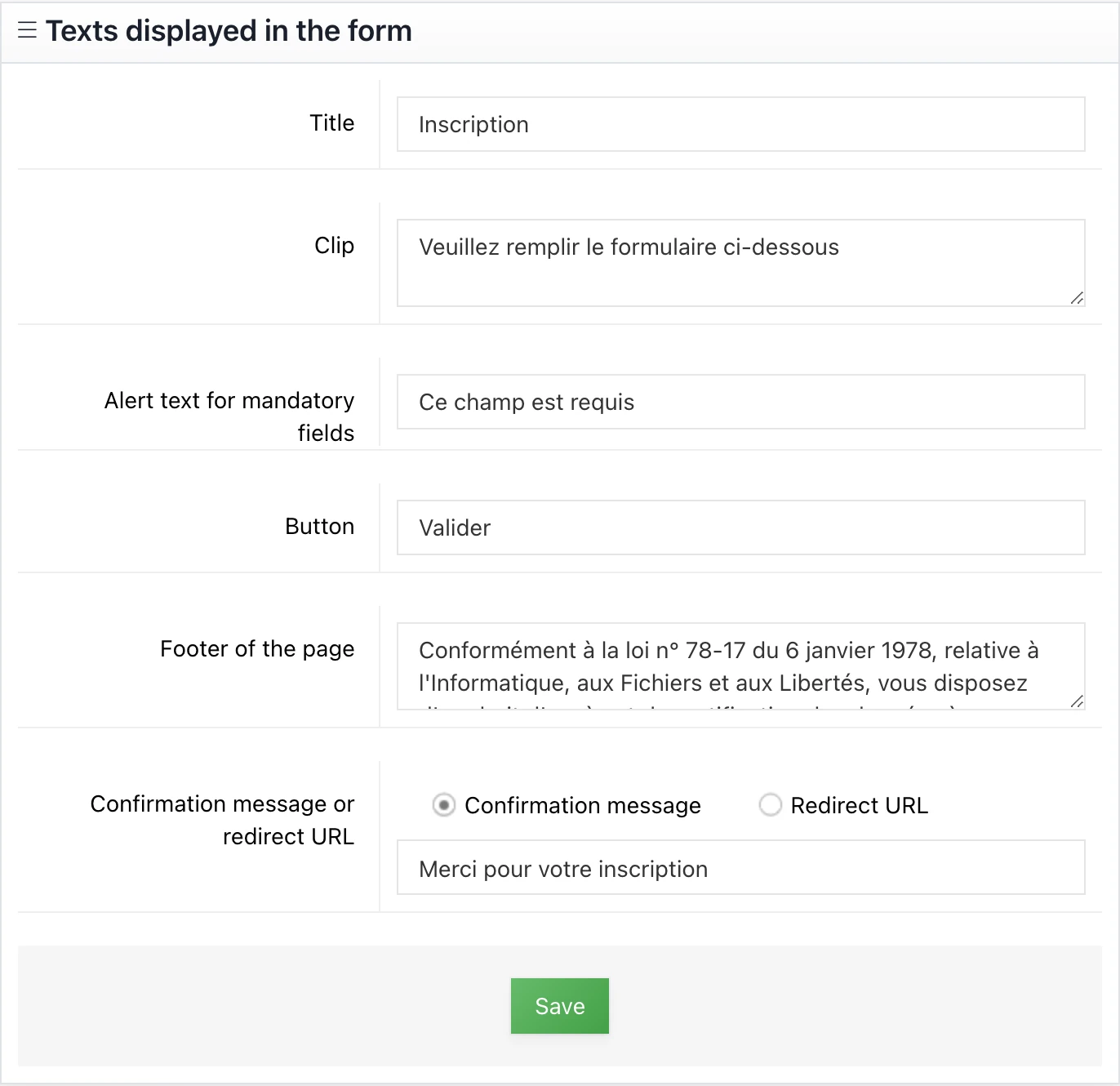 The texts displayed in the form