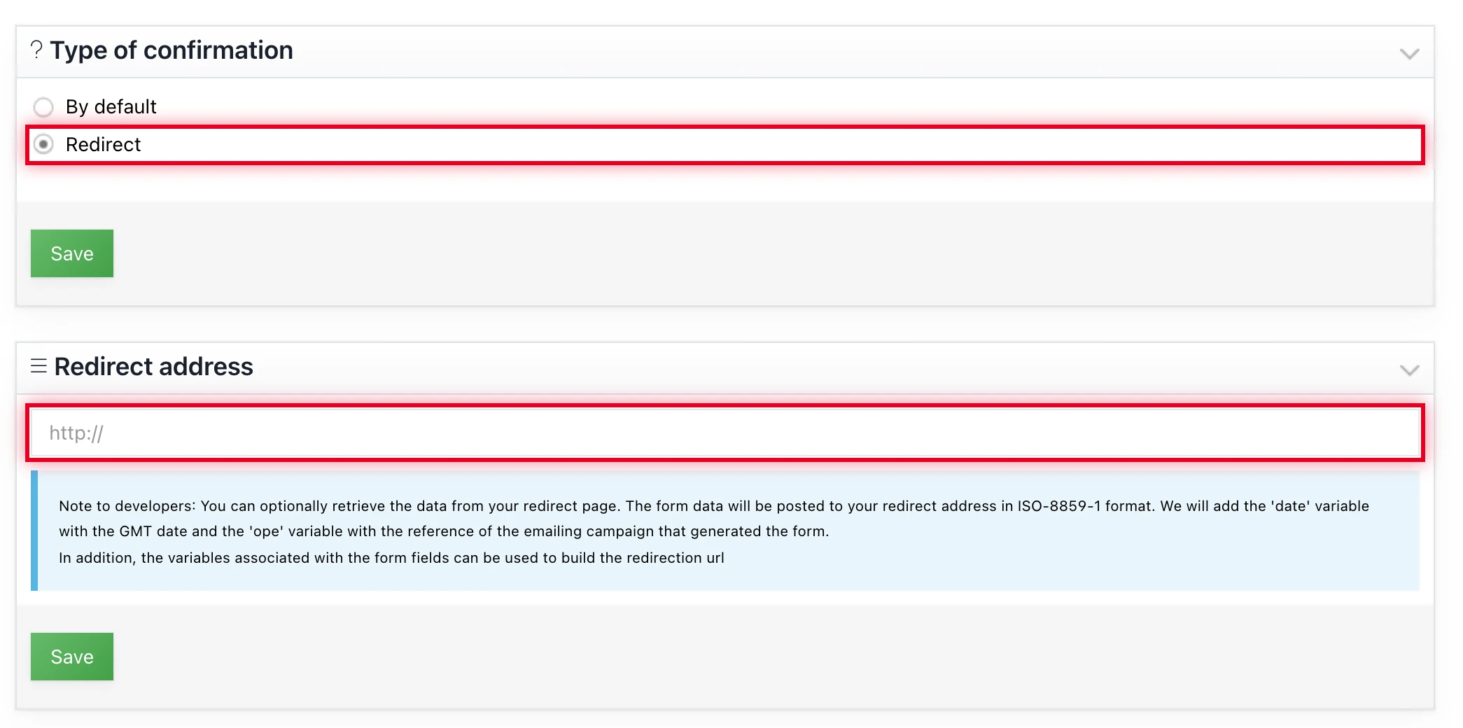 « Confirmation page » tab of the form: tick « Redirection » then enter the redirection URL