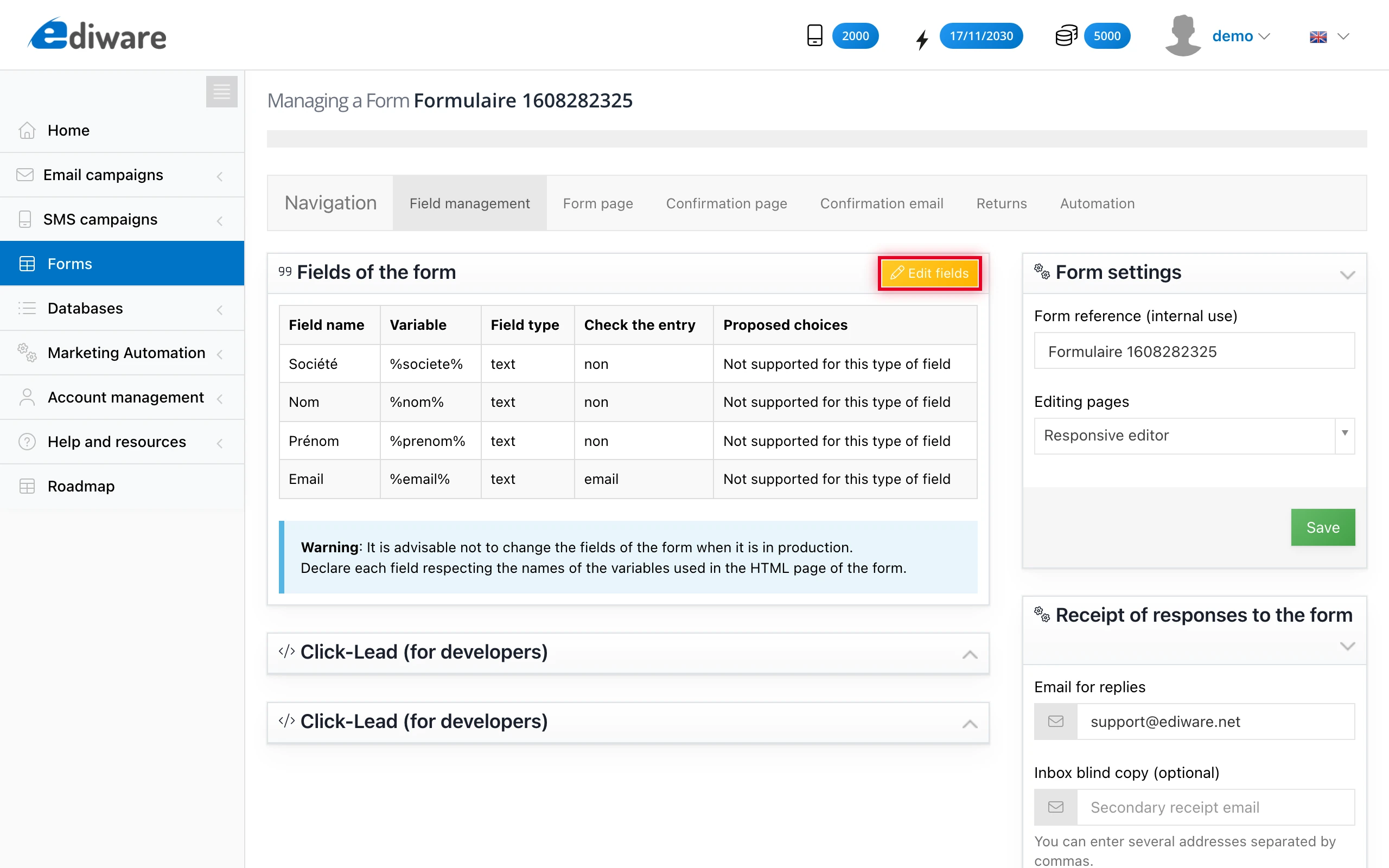 « Edit fields » button on the form management page