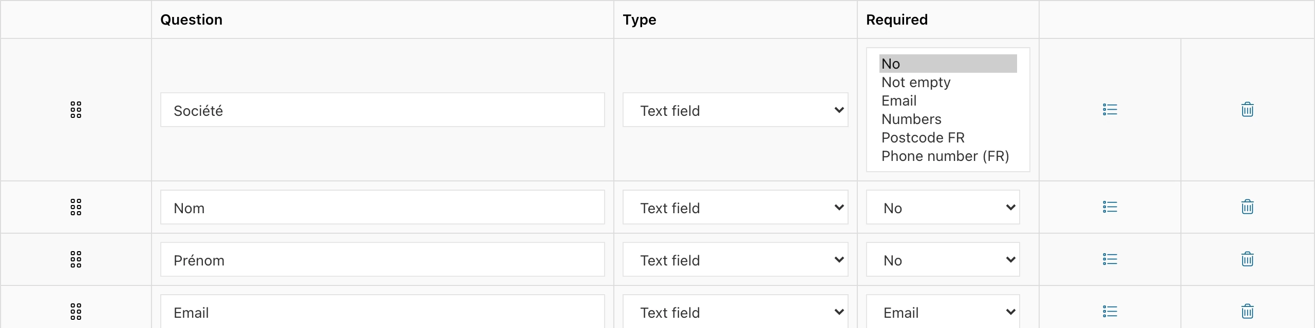 List of available « Required » validation rules