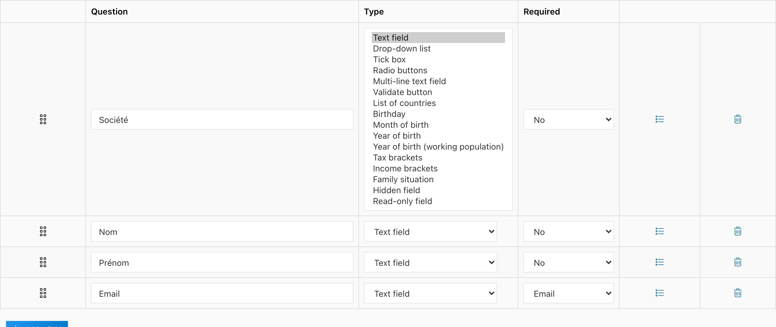 List of available field types