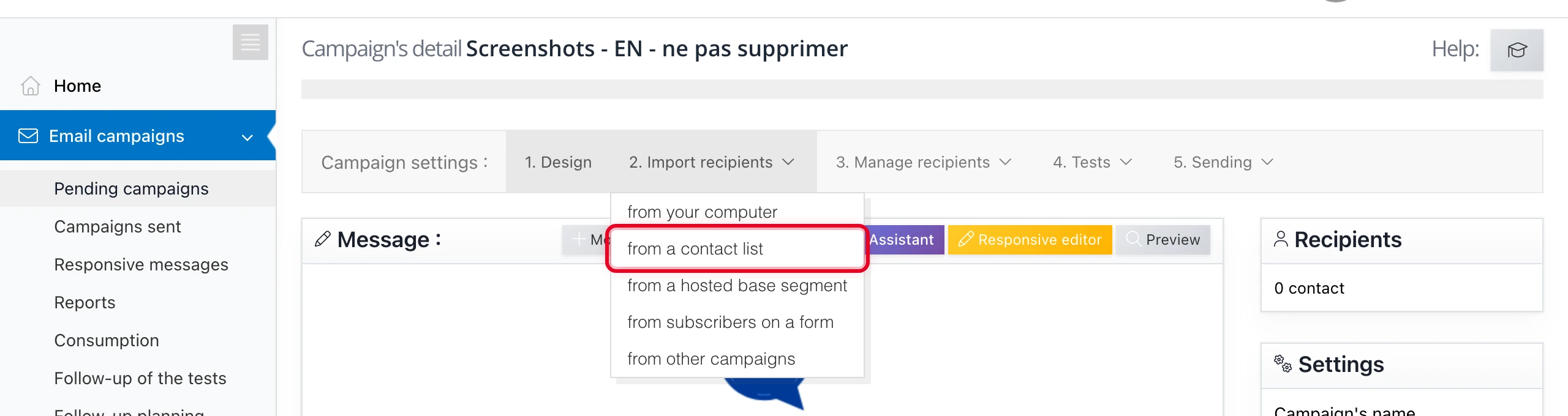 Choose « from a contact list » in the import menu