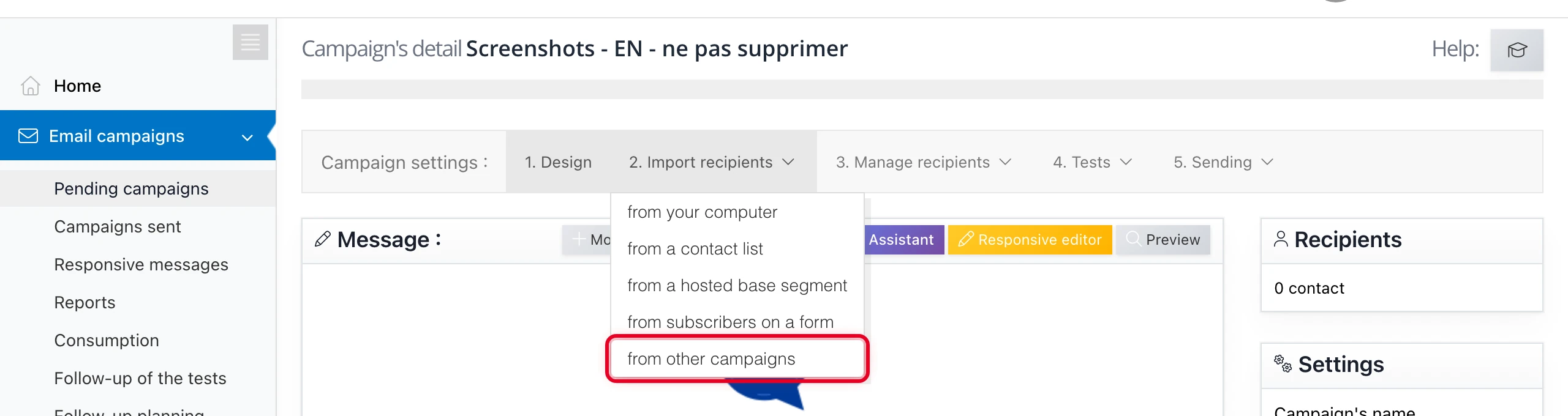 Choose « from other campaigns » in the import menu
