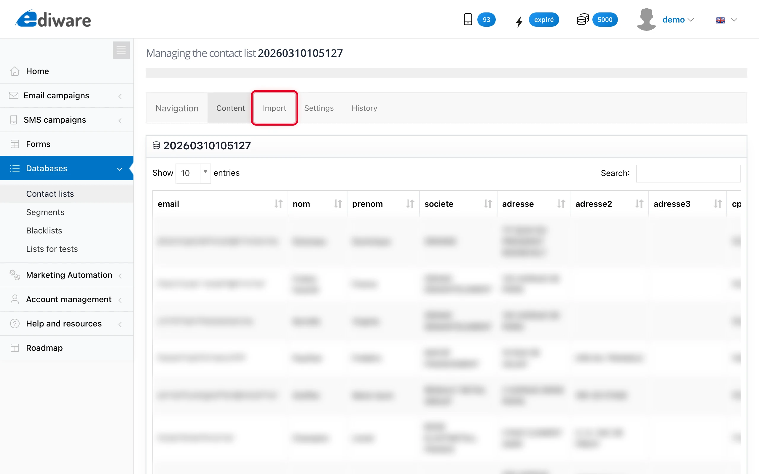 The « Import » tab in the management of a hosted database
