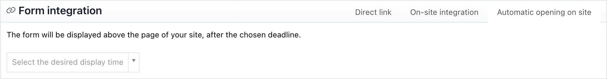 « Automatic opening on site » tab in the form integration section, with the display delay dropdown