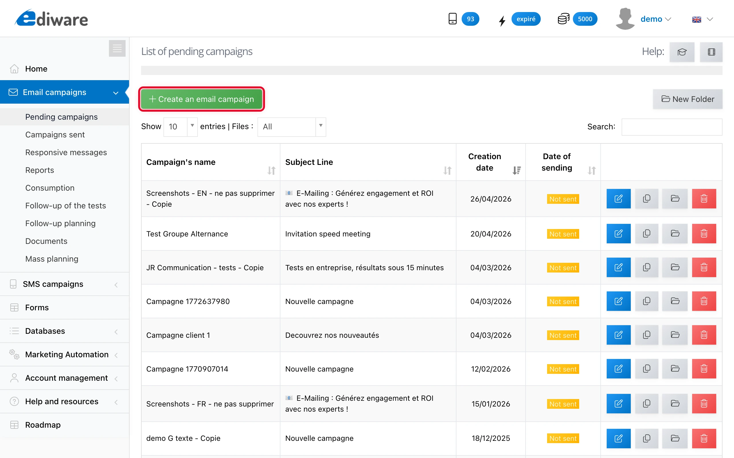 The « Create an email campaign » button in the campaigns list