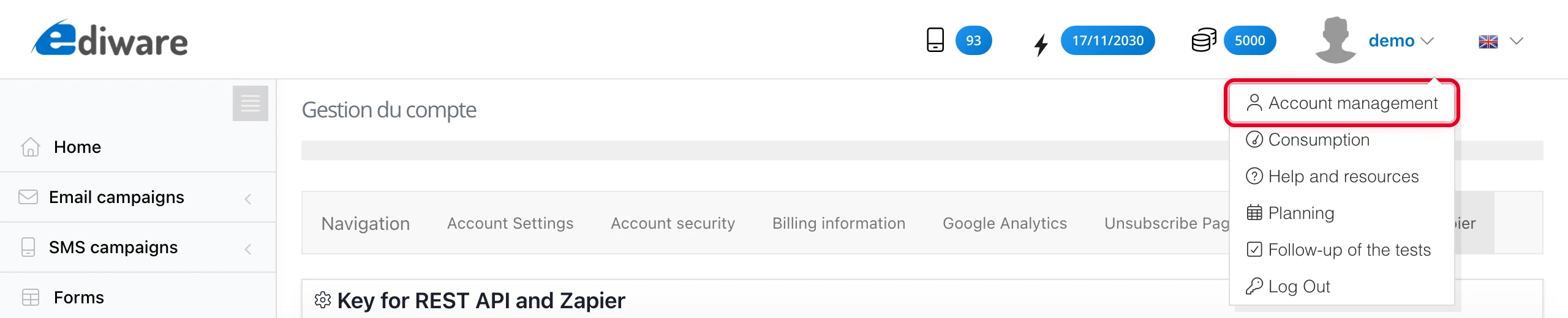 User menu at the top right: entry to account management