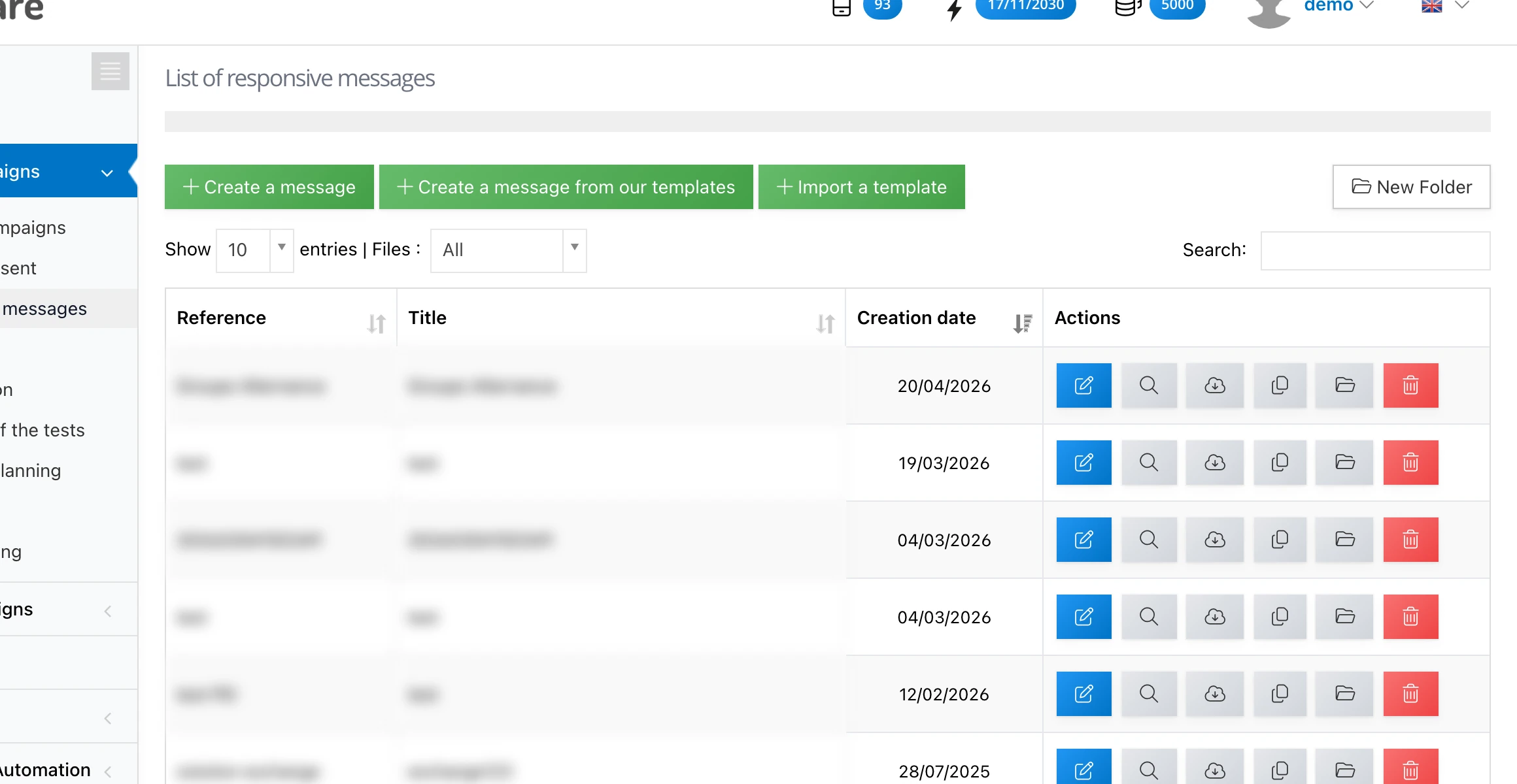 The list of messages in progress, with edit / duplicate / archive / delete actions on the right of each row