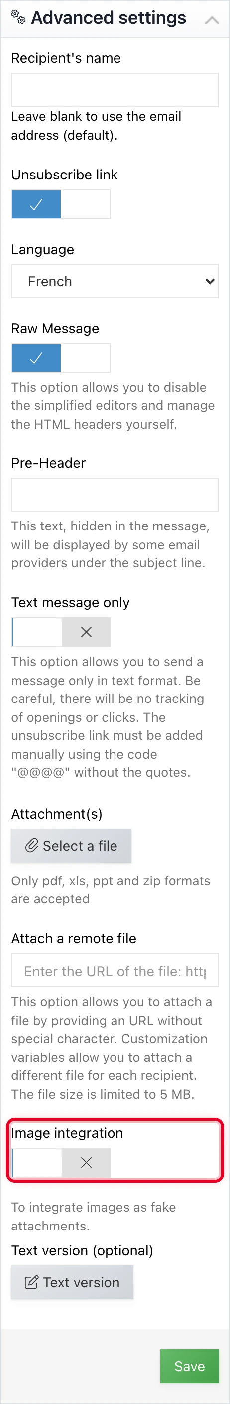 « Image integration » toggle in the campaign's advanced settings