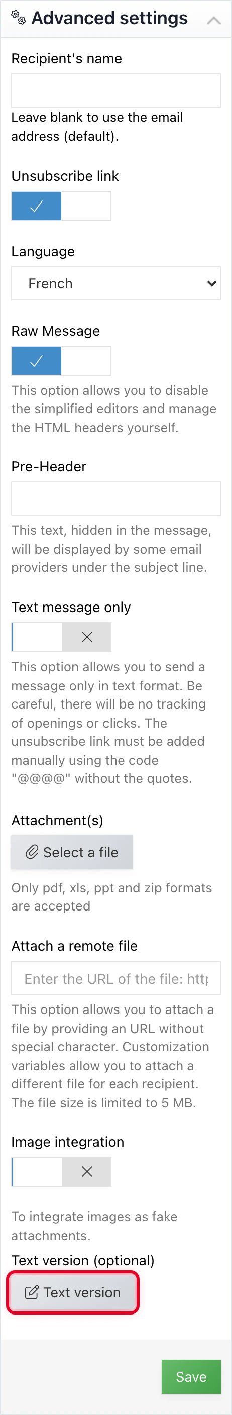 « Text version » button in the campaign's advanced settings