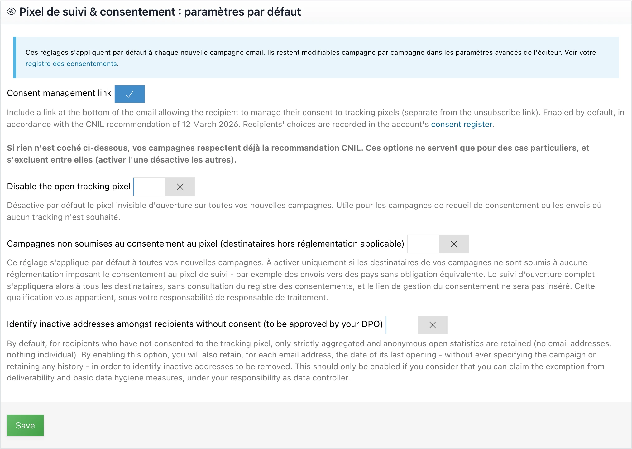 "Tracking pixel & consent: default settings" portlet, in Account management > Settings
