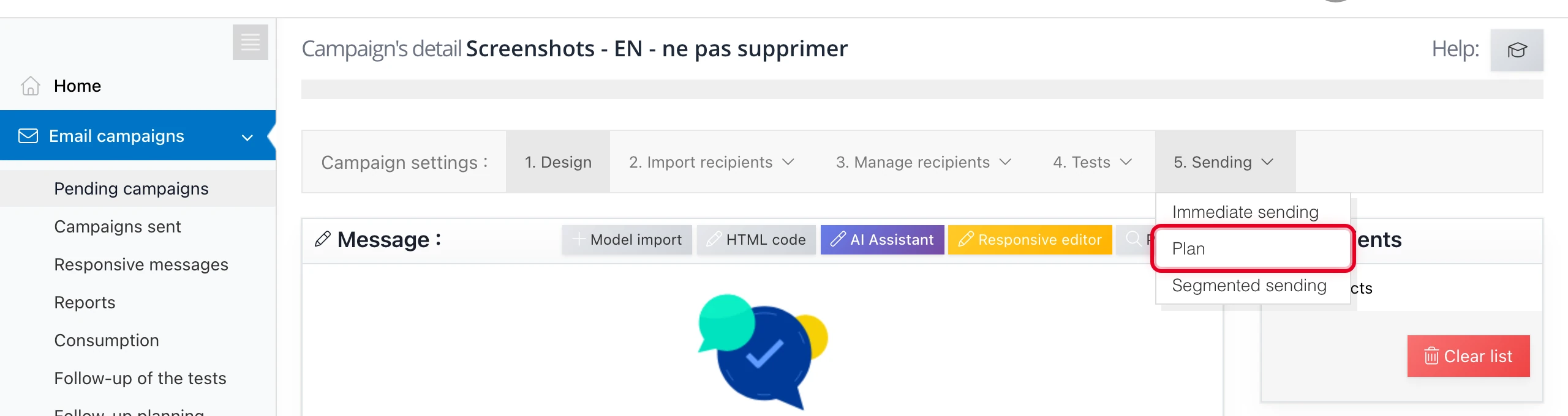 « Sending » menu > « Plan » to schedule the sending at a given date
