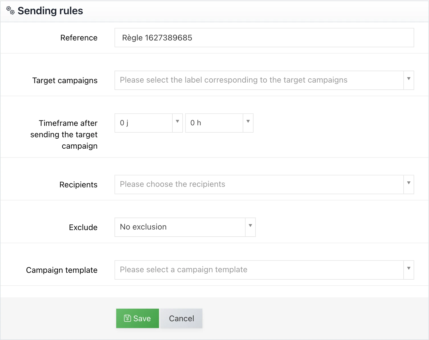 Edit form for an automatic sending rule