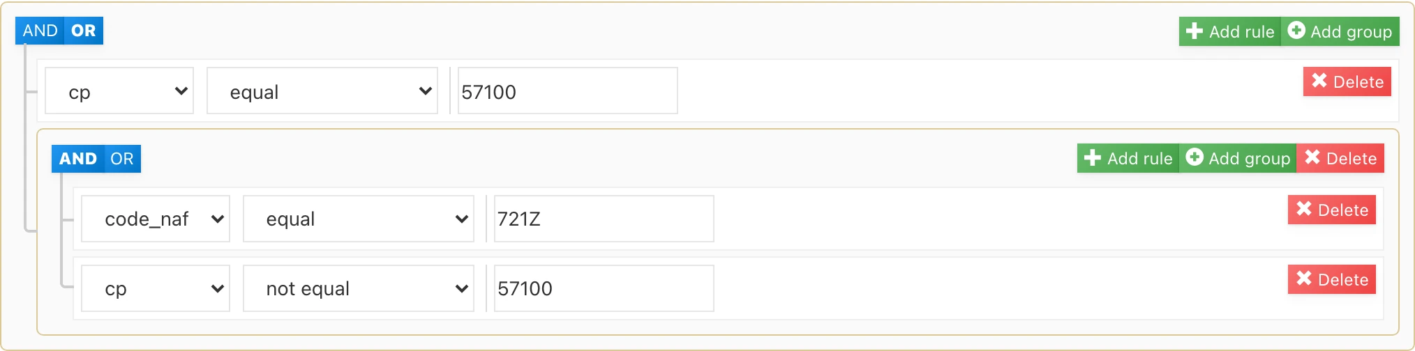 Example of a segment combining a simple criterion and a nested group