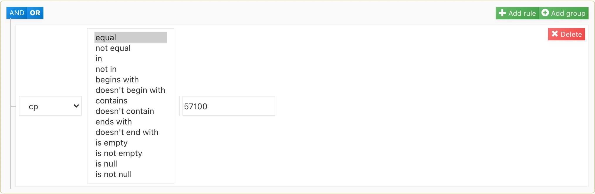 Operators available for a criterion