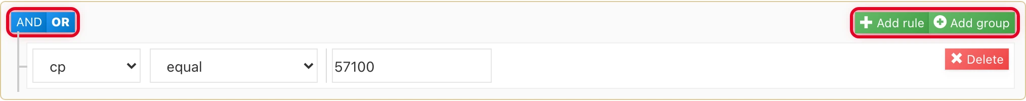 Choosing a criterion, AND/OR operators and buttons to add a rule or group
