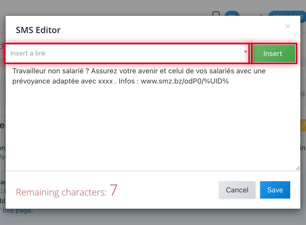 « SMS editor » modal: pick a link from the dropdown then click « Insert »