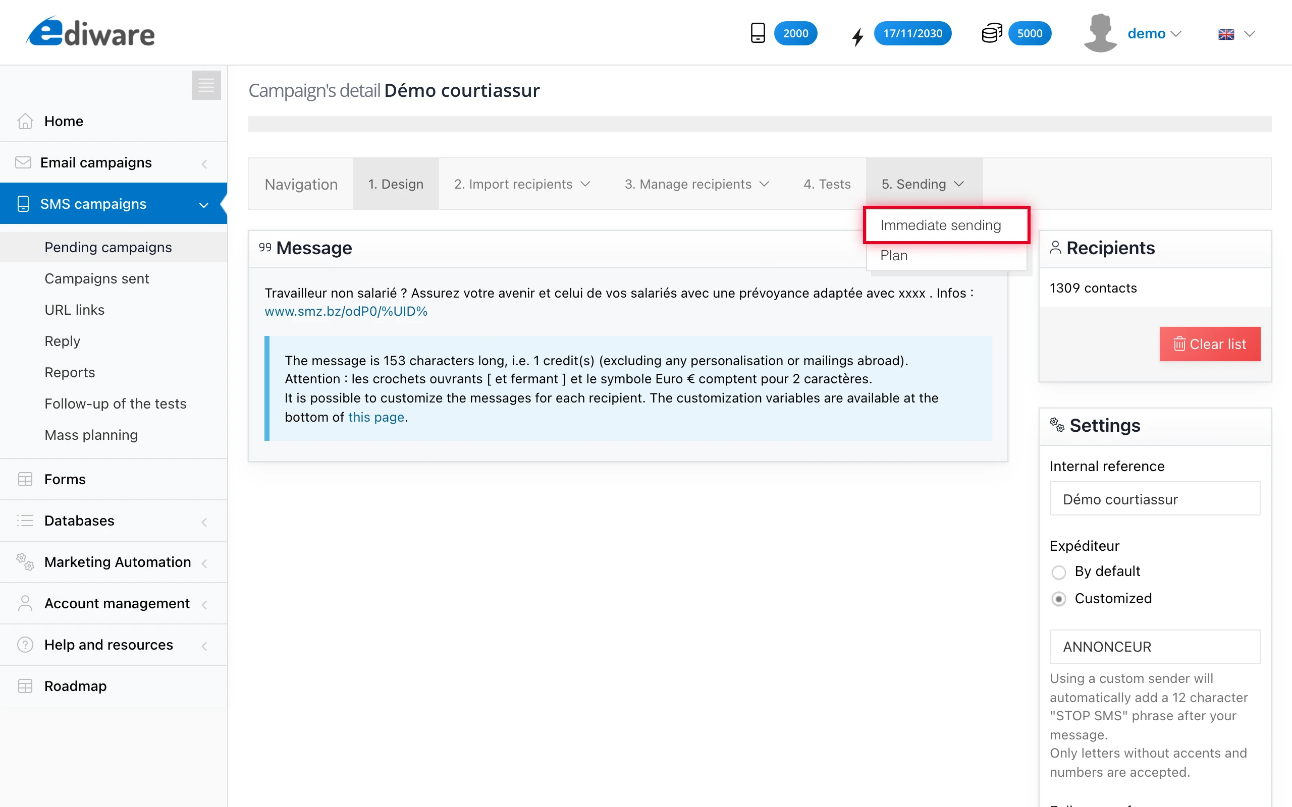 « 5. Sending » menu opened on the « Immediate sending » option