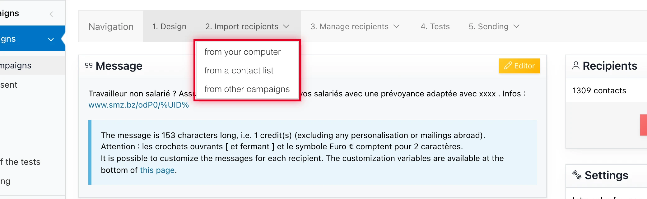 « 2. Import recipients » menu open: 3 sources available (your computer, hosted contact list, other campaigns)