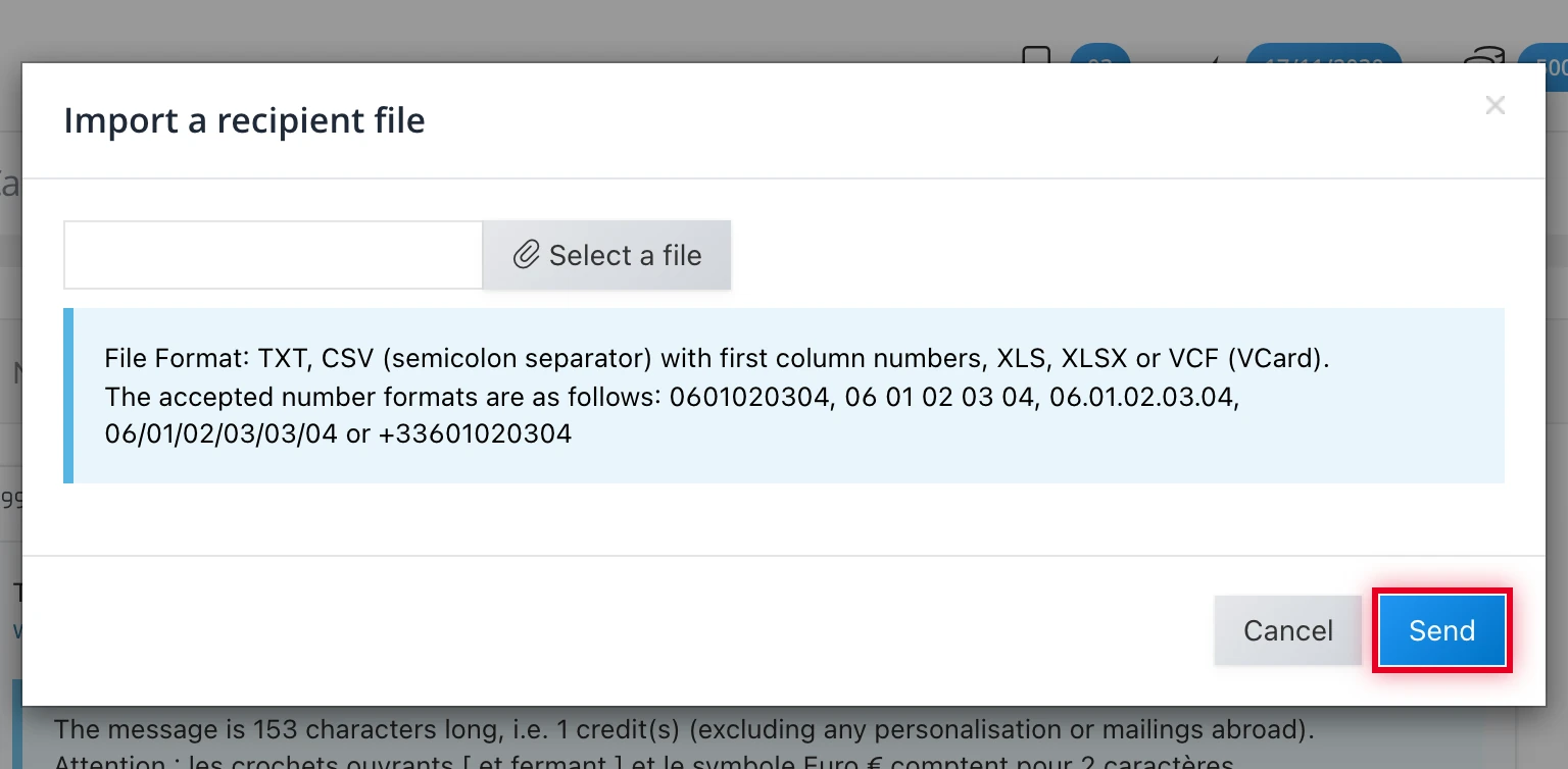 « Import a recipients file » modal: select the file then click « Send »