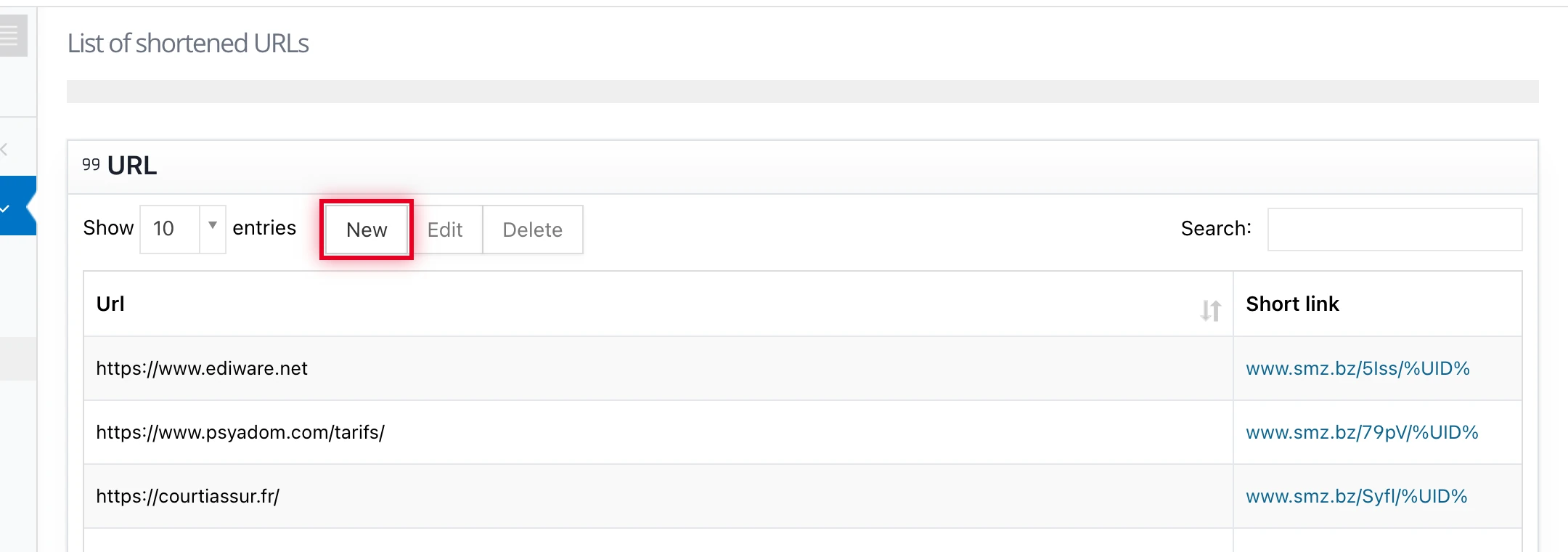 « Shortened URLs list » page: click « New » to create a short link