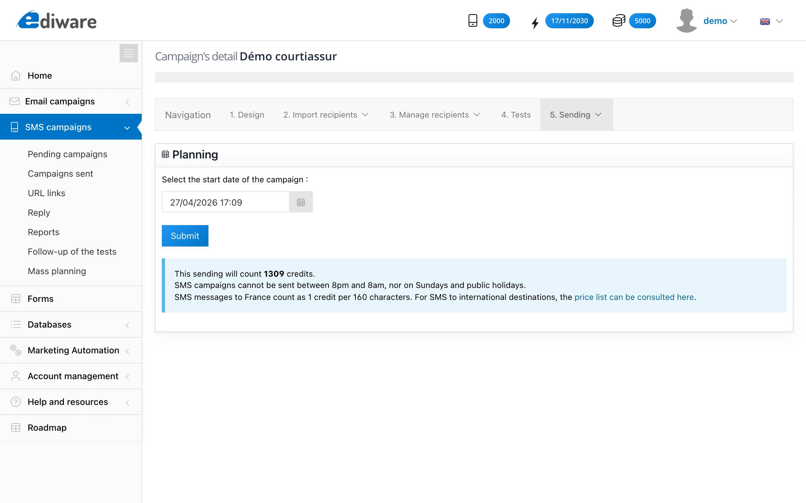 SMS campaign scheduling page: select start date and time