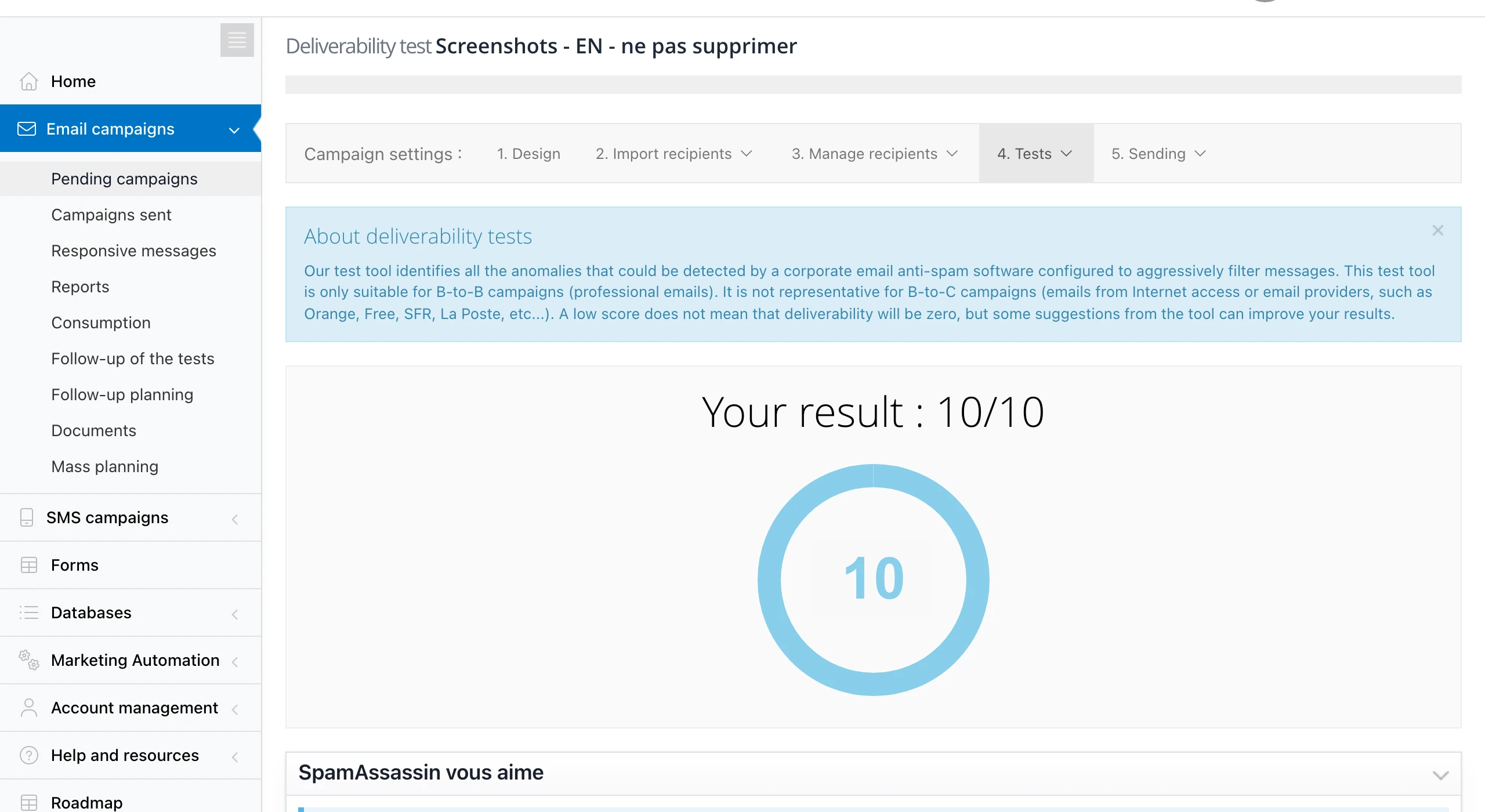 Deliverability test: overall score and analyzed criteria