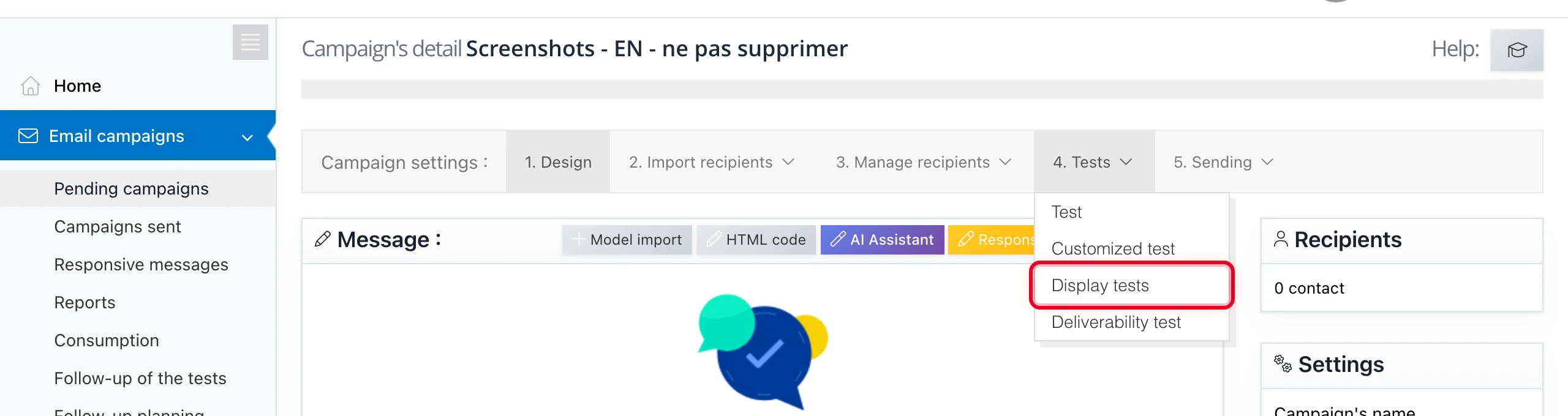 « Tests » menu > « Display tests » to verify rendering across mailboxes