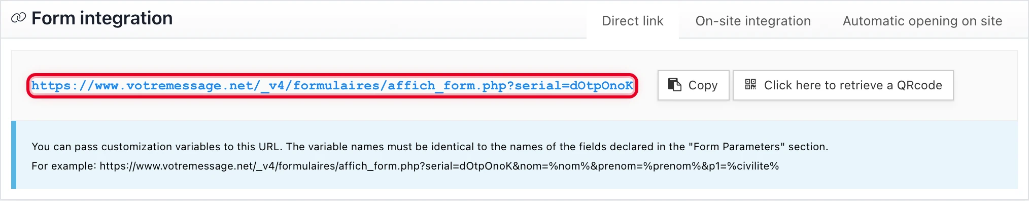 URL of the form to copy from the « Form page » tab