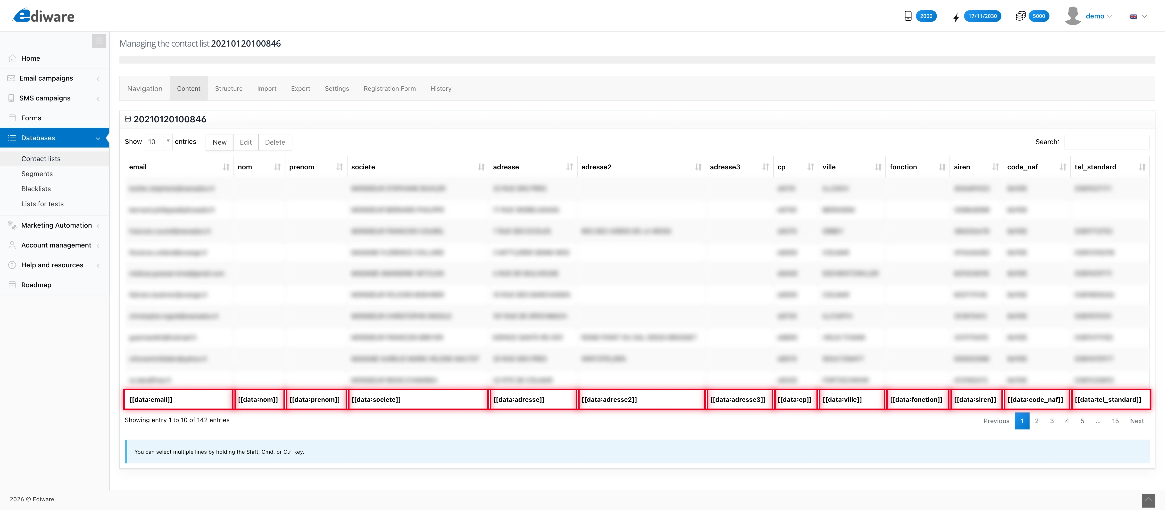 View of a contact list: the column headers correspond to the personalization variables