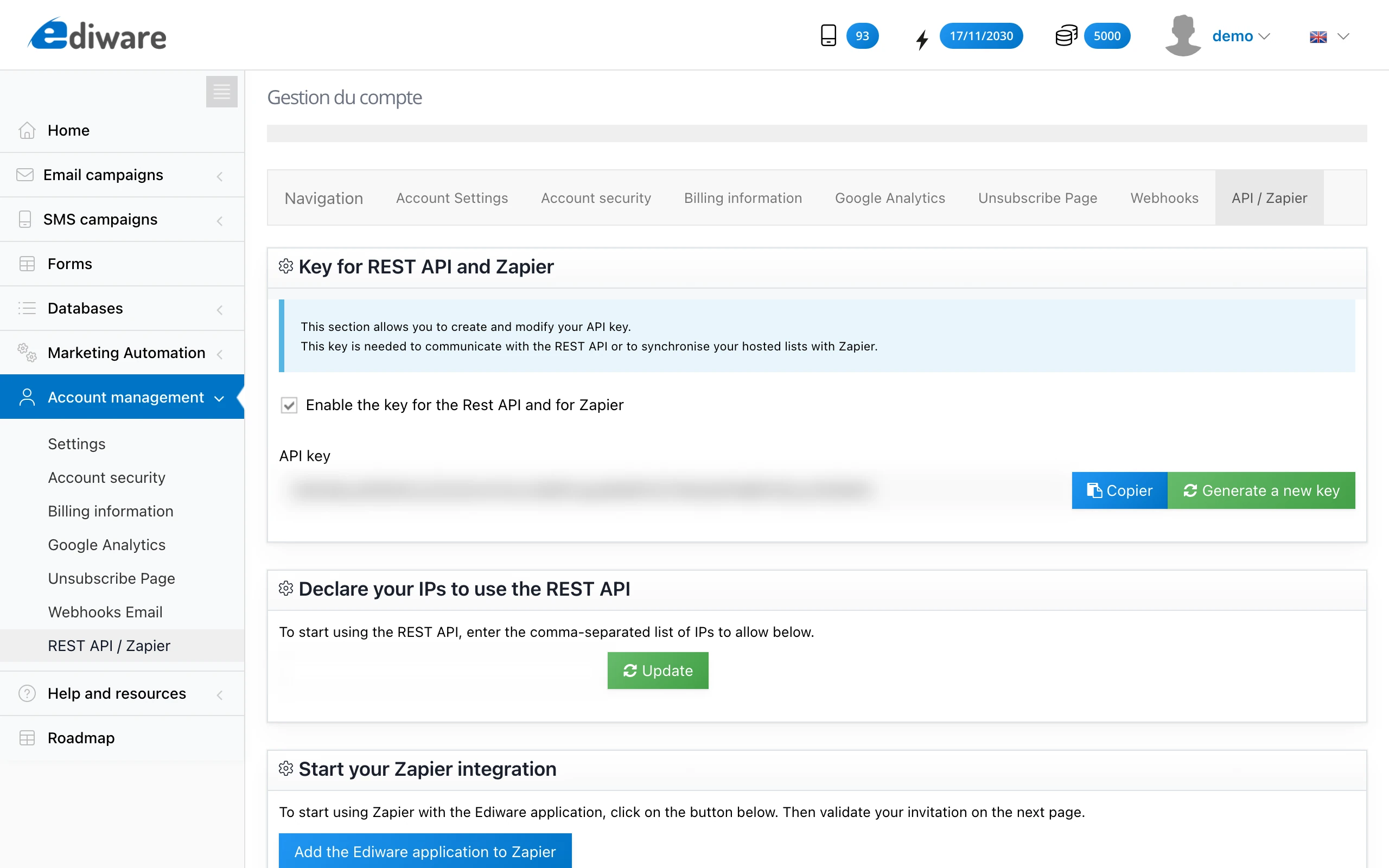 Zapier settings page: enable and copy the API key
